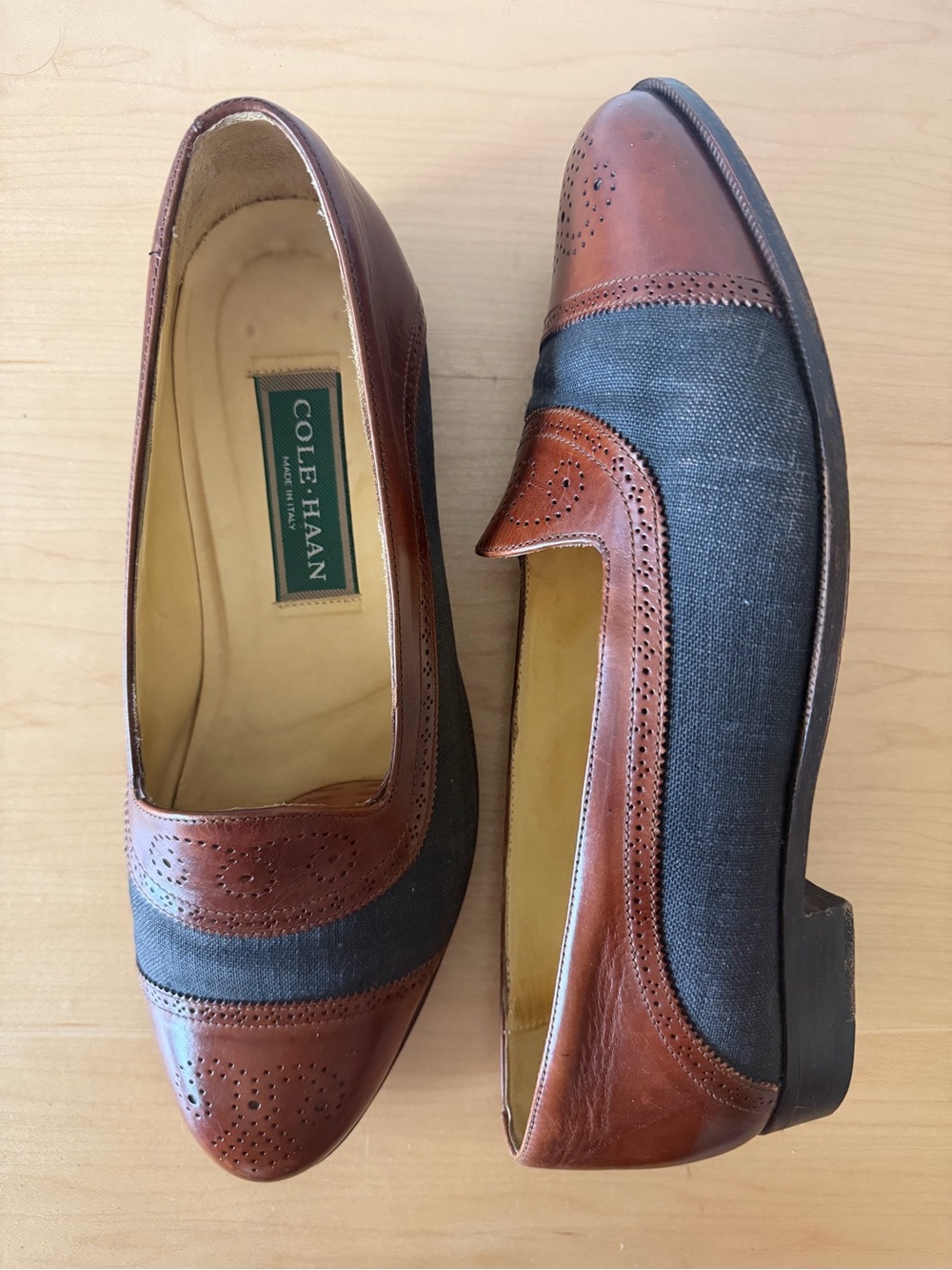 VTG Cole Haan Brown Black Leather Canvas Wingtip Pump Loafers 9.5D Made in Italy